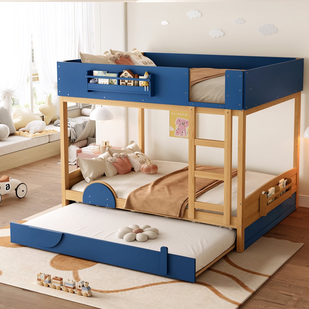 Queen Bunk Bed with Trundle , Wood Bunk Bed Frame with Built-in Bookshelf and High-quality Safety Guardrail,Automobile Form Design for Kids ,Blue＆Natural