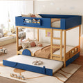 Queen Bunk Bed with Trundle , Wood Bunk Bed Frame with Built-in Bookshelf and High-quality Safety Guardrail,Automobile Form Design for Kids ,Blue＆Natural