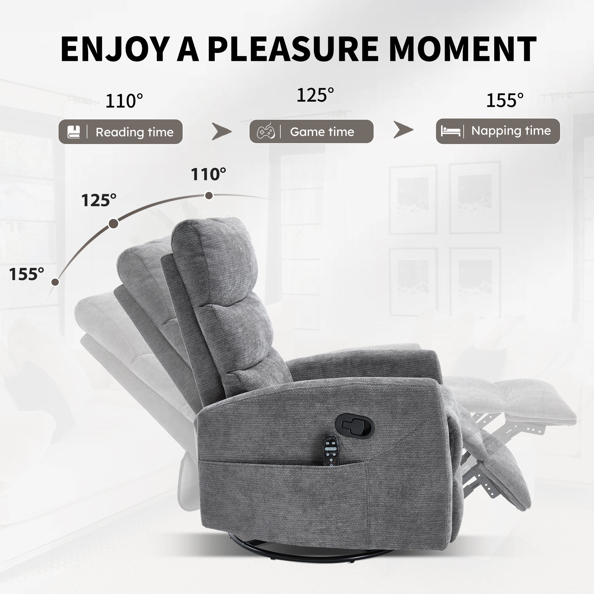 Heat Massage Manual Recliner Chair with Rocker and Swivel in Fabric for Living Room, GREY