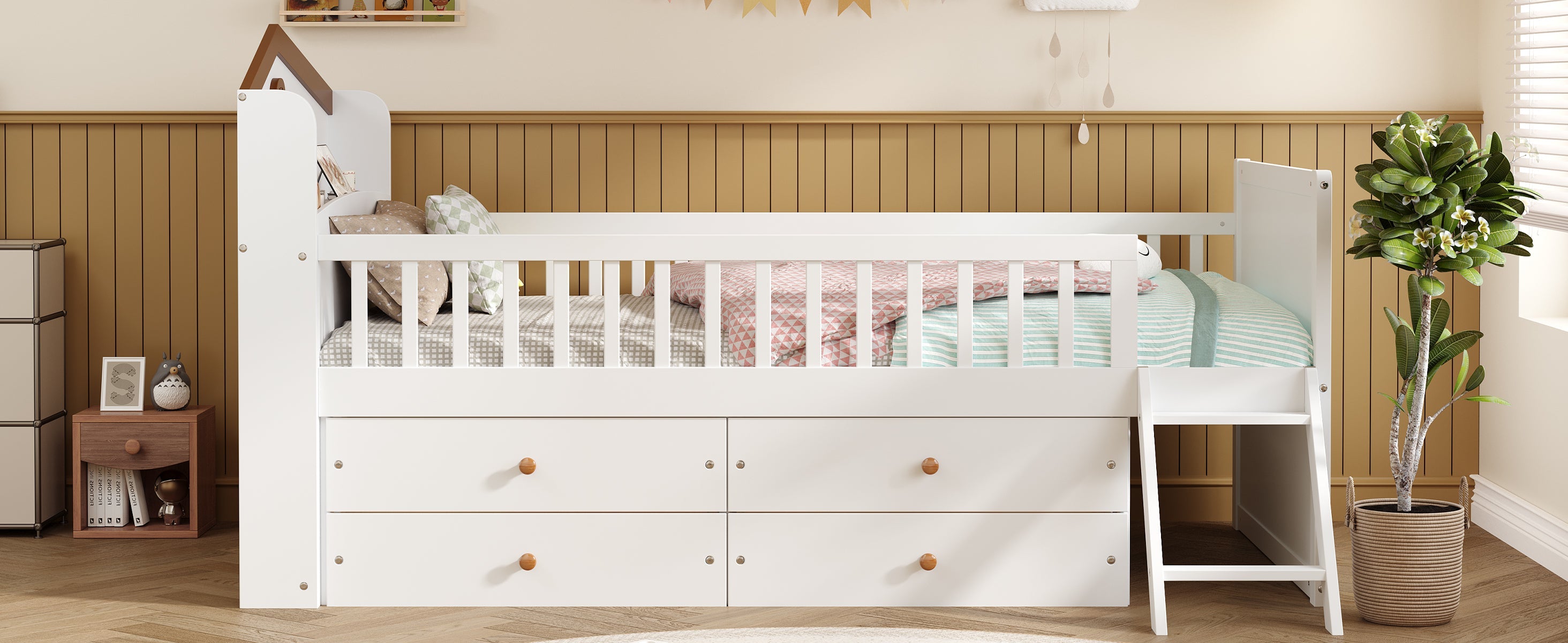 Twin Bed Frame with Storage 4 Drawers,Wooden Bed Frame for Kids,Platform Twin Size Bed with Guardrail Headboard and Ladder, No Box Spring Needed, Easy Assembly, White