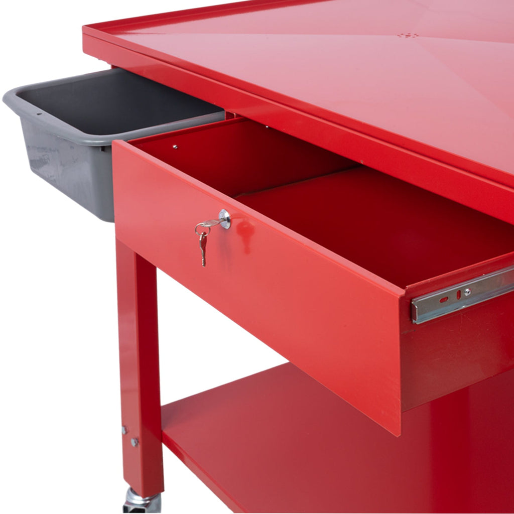 Transmission Teardown Work Station  1/2 Ton Capacity  Sloping Drain Table  Locking Drawer  Removable  Drain Basin Full-Width Lower Shelf  Four 4-Inch Caster Wheels