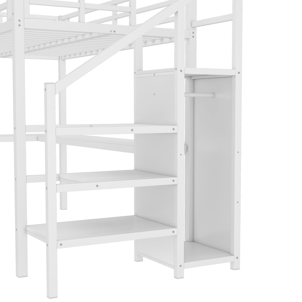 Twin XL Size Loft Bed with L-shaped Desk and USB, Metal Loft Bed with Wardrobe and Adjustable Shelf, High Loft Bed with LED for Kids Teens Adults, White