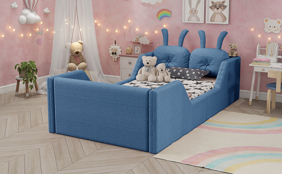 Twin Size Upholstered Platform Bed with Rabbit Cushion, Kids Floor Upholstered Bed with Removable Side Rails, Blue(Expect Arrival Date 2025/1/15)
