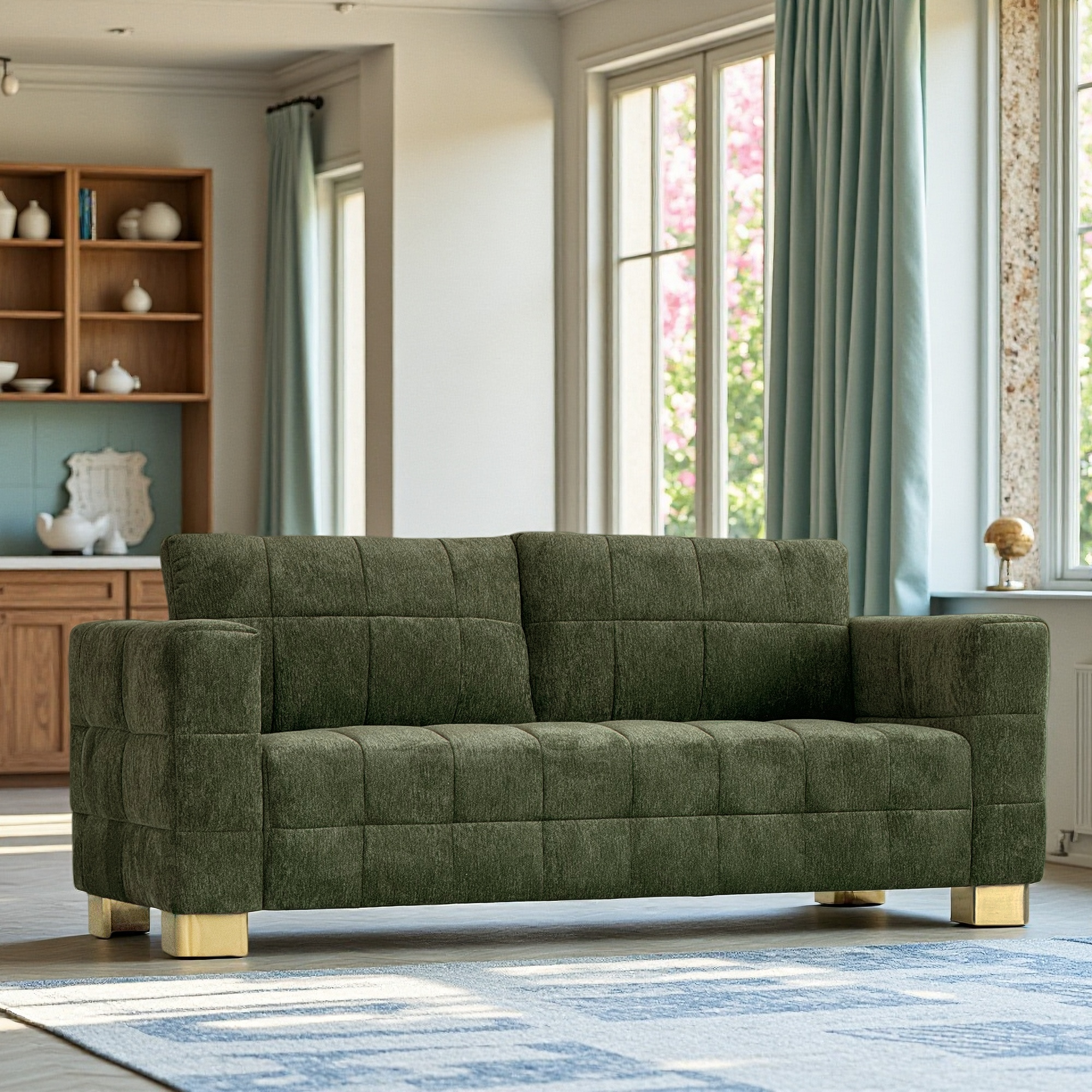FX-P54-RG SOFA  Modern Green Chenille Sofa Couch, 3-Seater with Square-Tufted Design & Custom Stainless-Steel Legs Comfortable Living Room Couch for Apartment & Small Spaces