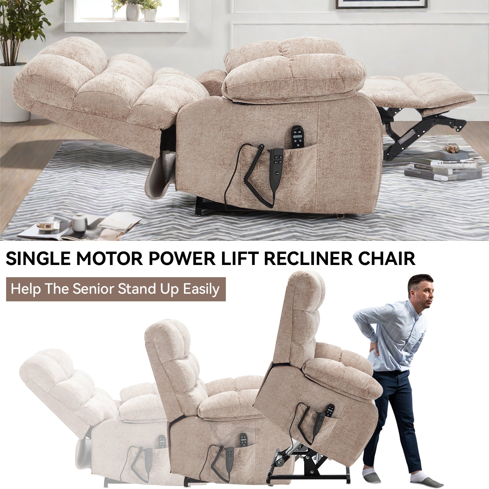 Lift Recliner Chair Heat Massage Dual Motor Infinite Position Up to 350 LBS Large Electric Power Lift Recliners with Power-Remote, Medium-firm and Heavy duty, Beige