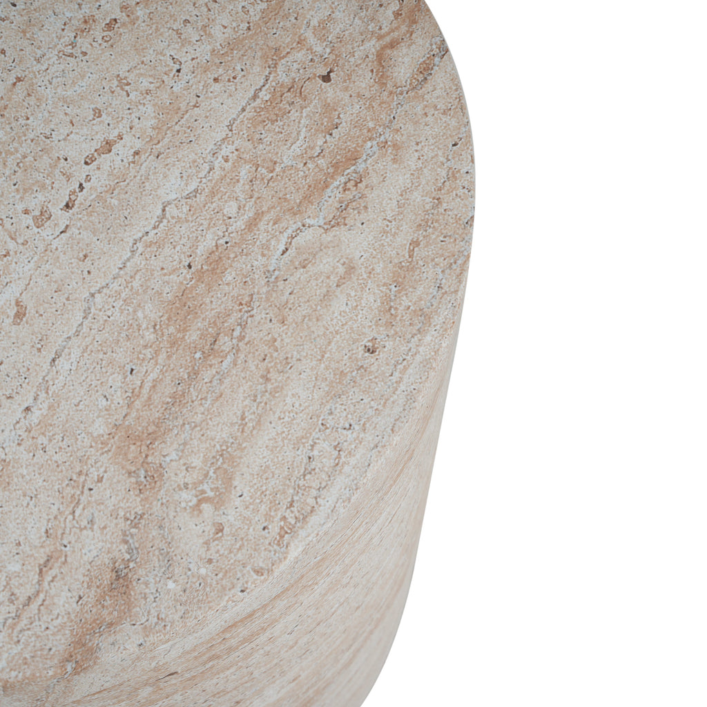 Modern Concrete Side Table with Travertine Finish, Indoor/Outdoor Use, Beige, 15.5 x 15.5 x 18.5 inches