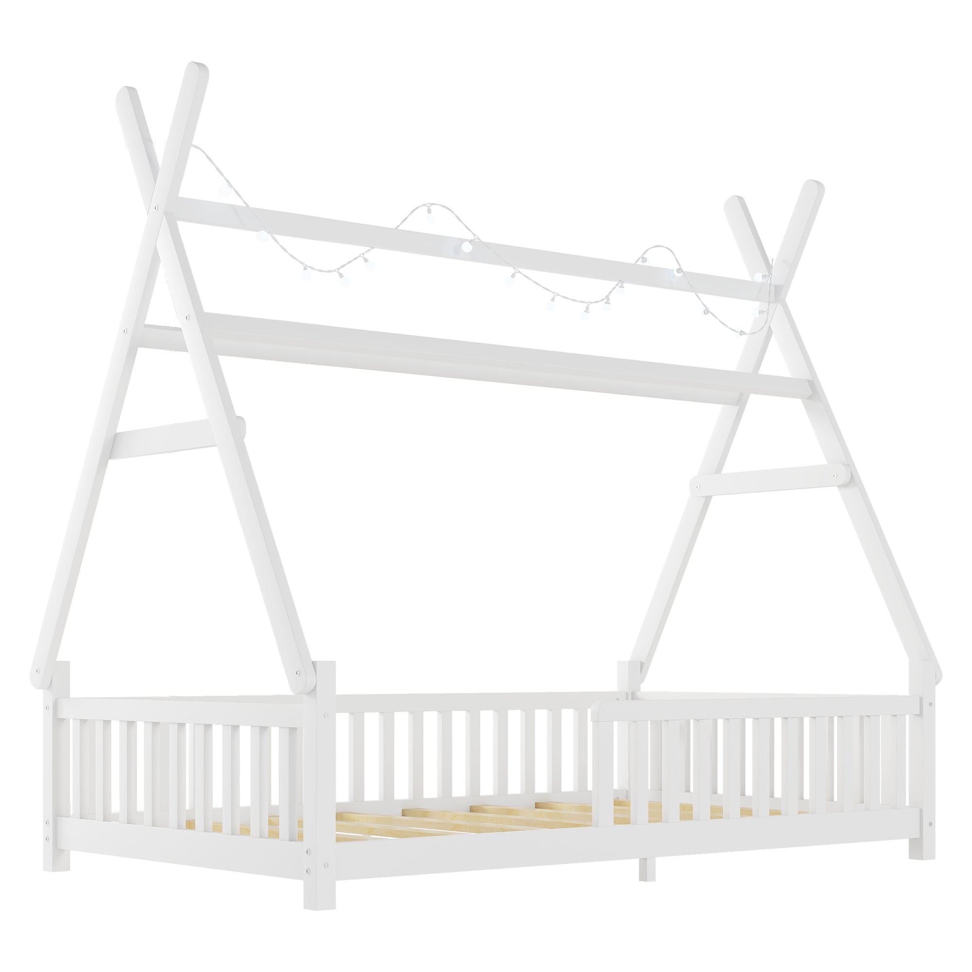 Twin House Bed with Light, Low Floor House Bed with Fence and Roof for Kids Boys Girls,White(Expect arrive date 2025/7/20)