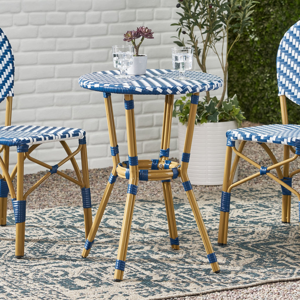 French Bistro Table Outdoor Elegance White+Blue Rattan 21.75x21.75x28.50 inches