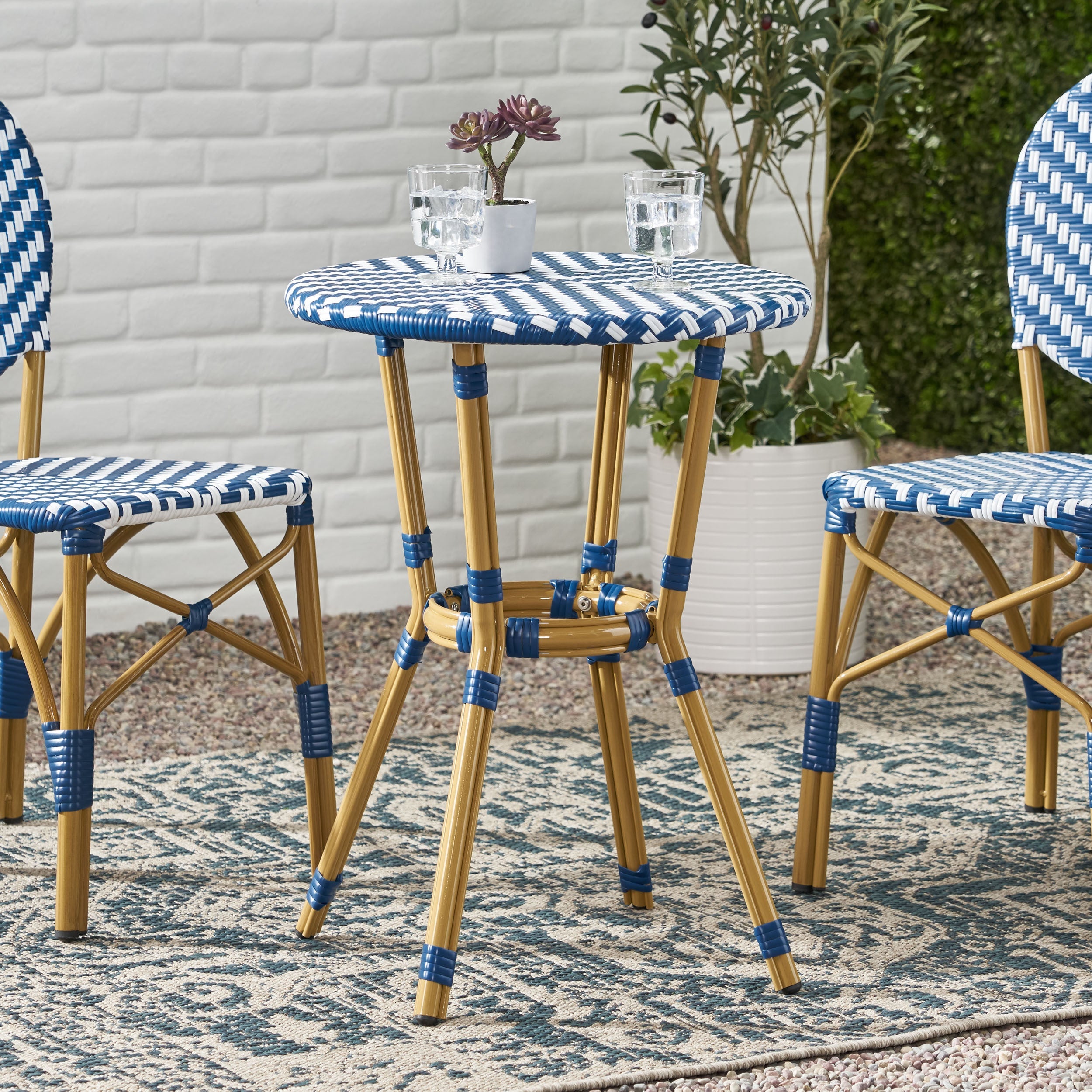 French Bistro Table Outdoor Elegance White+Blue Rattan 21.75x21.75x28.50 inches