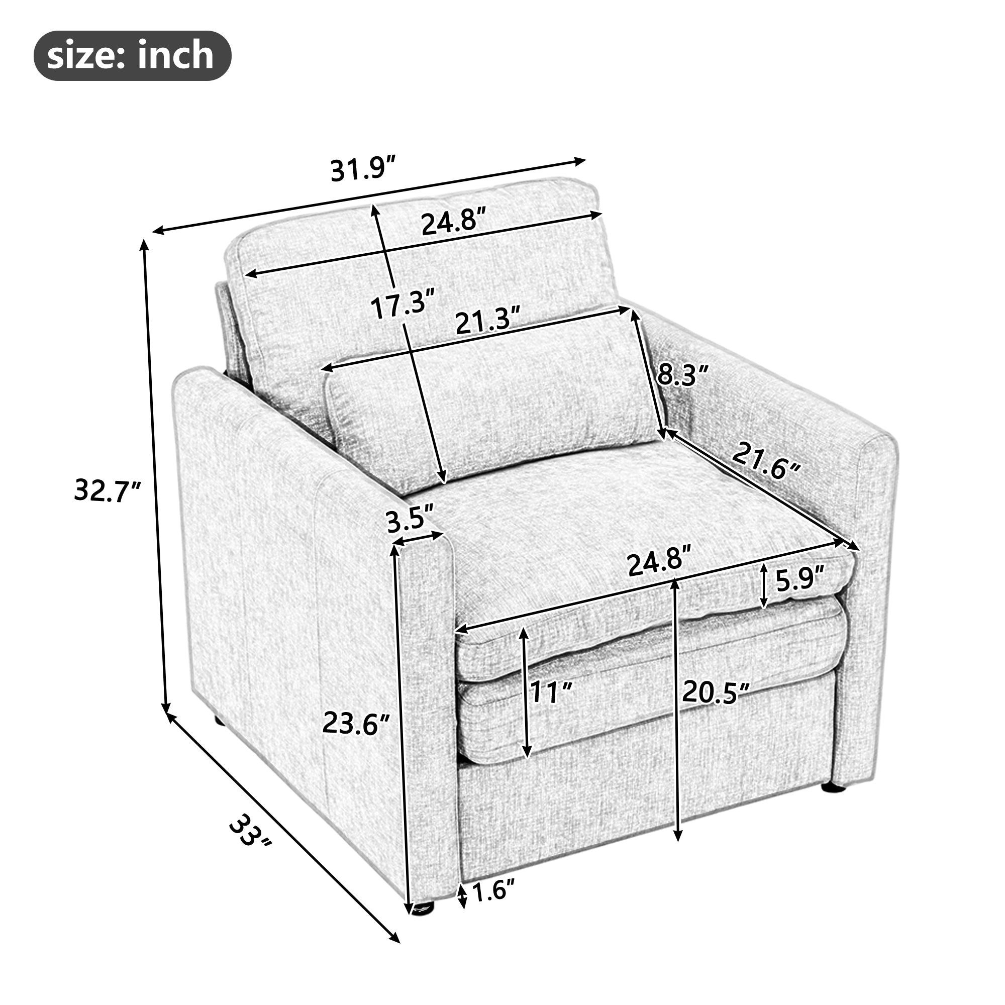 31.9' Cozy Upholstered Armchair Oversized Comfy Cloud Sofa Double Cushion Single Sofa Plush Cushion Armchair for Living Room, Grey