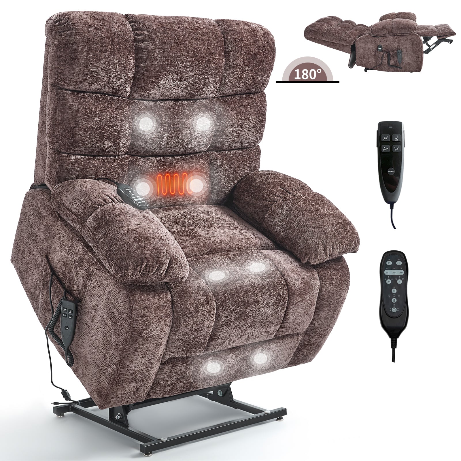 Lift Recliner Chair Heat Massage Dual Motor Infinite Position Up to 350 LBS Large Electric Power Lift Recliners with Power-Remote, Medium-firm and Heavy duty, Brown