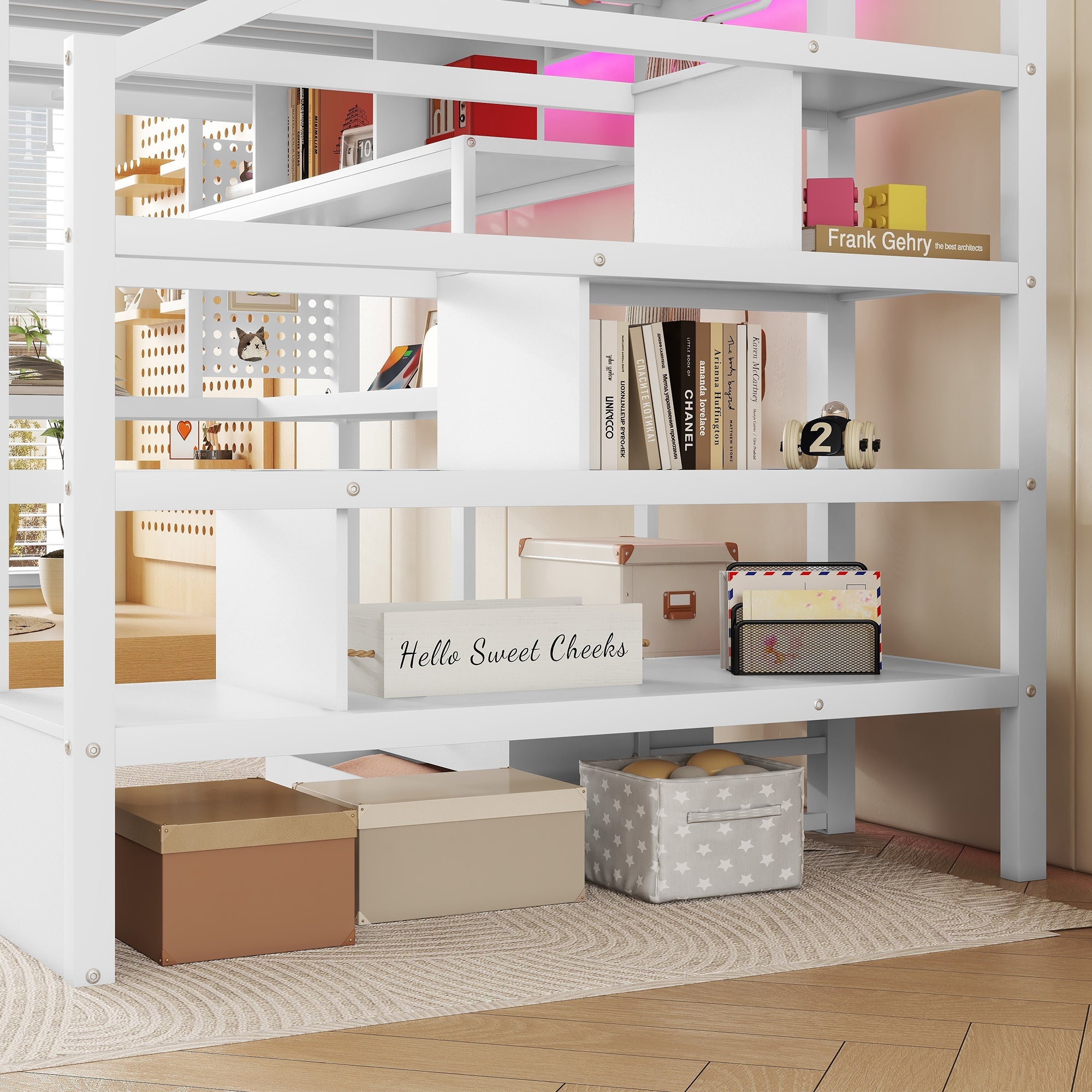 Full Size Loft Bed with LED Light & Charge Station, Metal Loft Bed with Desk and Staircase, Loft bed with Wardrobe for Kids, White (Expect Arrival Date 2025/4/30)