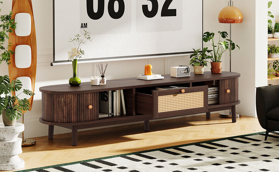 Modern Design TV Stand for 75' TVs, Media Console TV Cabinet with Rattan-Front Drawer for Living Room, 1 Drawer and 2 Sliding-Door Cabinets
