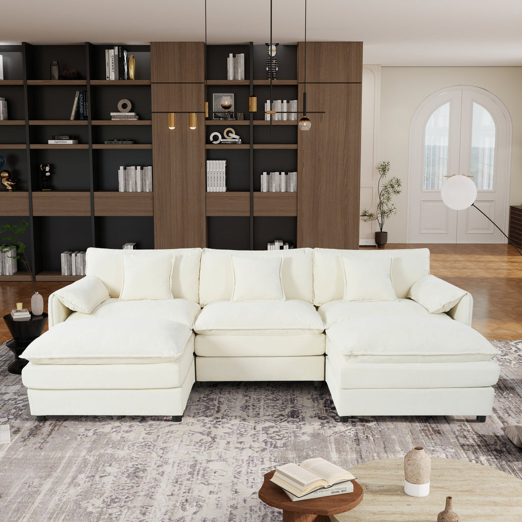 Modular Sectional Sofa, Oversized Deep Seat U Shaped Couch Set for Living Room, 3-Seater Comfy Cloud Couches with 2 Movable Ottomans, DIY Combination, Chenille,Beige