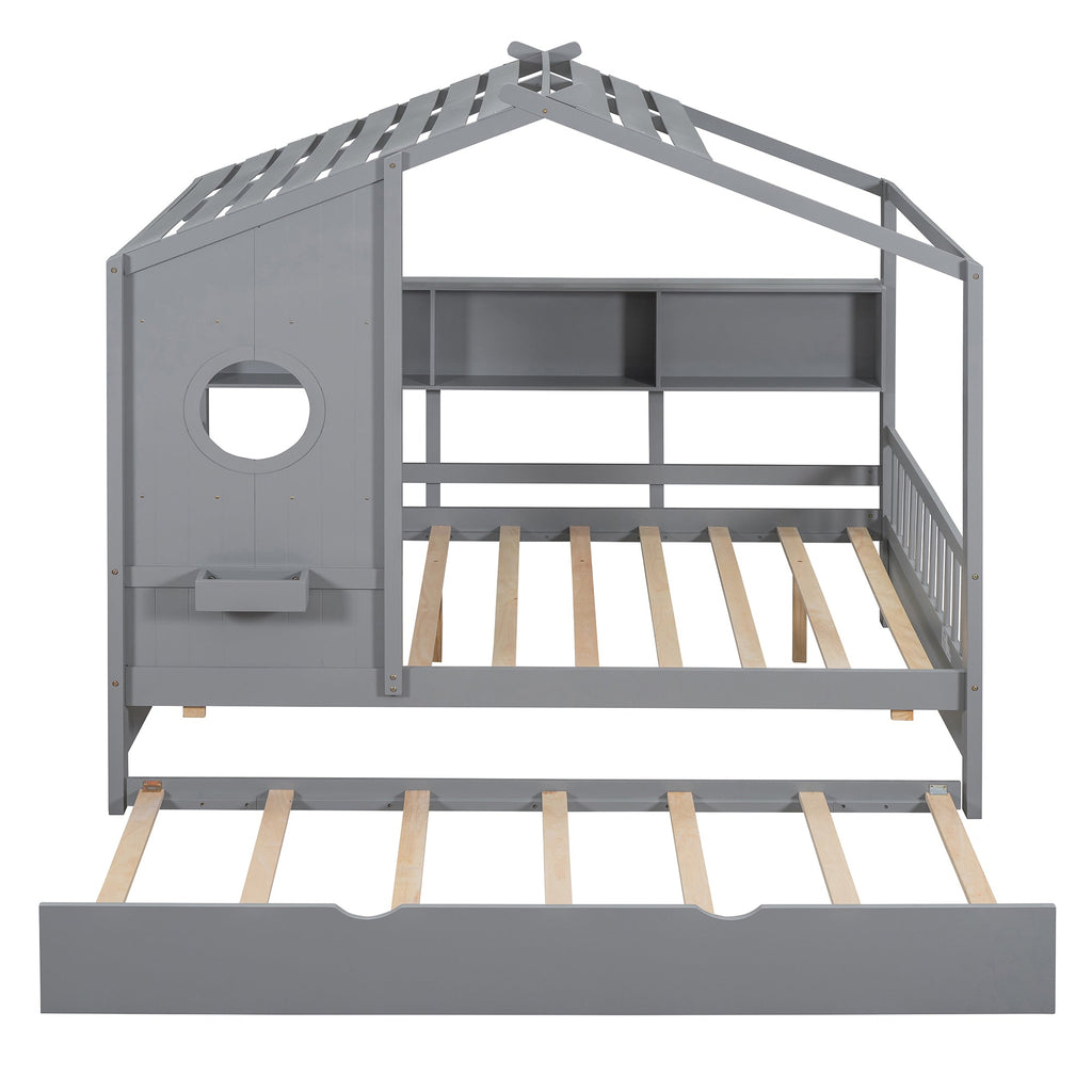 Wooden Full Size House Bed With Trundle, Modern Design for Kids with Storage Shlef, Gray(old SKU HL000095AAE)