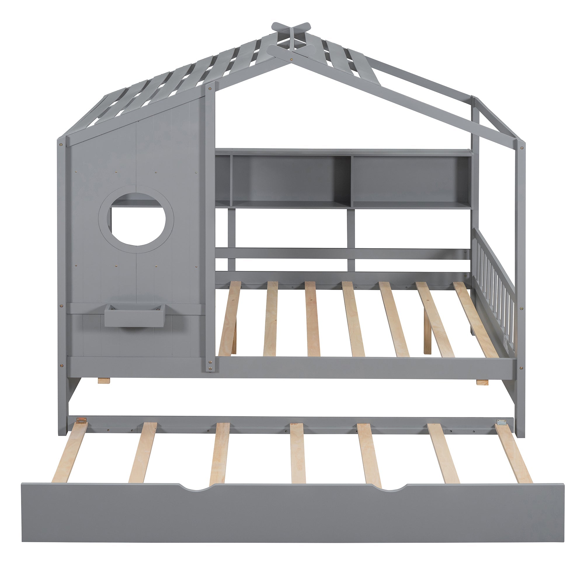 Wooden Full Size House Bed With Trundle, Modern Design for Kids with Storage Shlef, Gray(old SKU HL000095AAE)