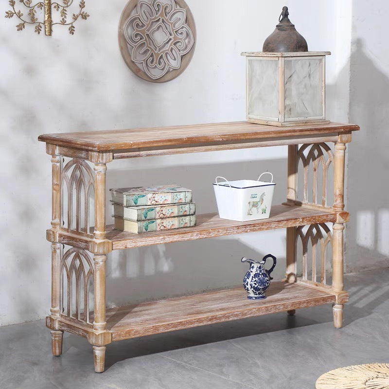 Rustic 3 - Tier Console Table with Gothic - Inspired Details, 47.24' Long Wooden Entryway Table for Living Room and Hallway