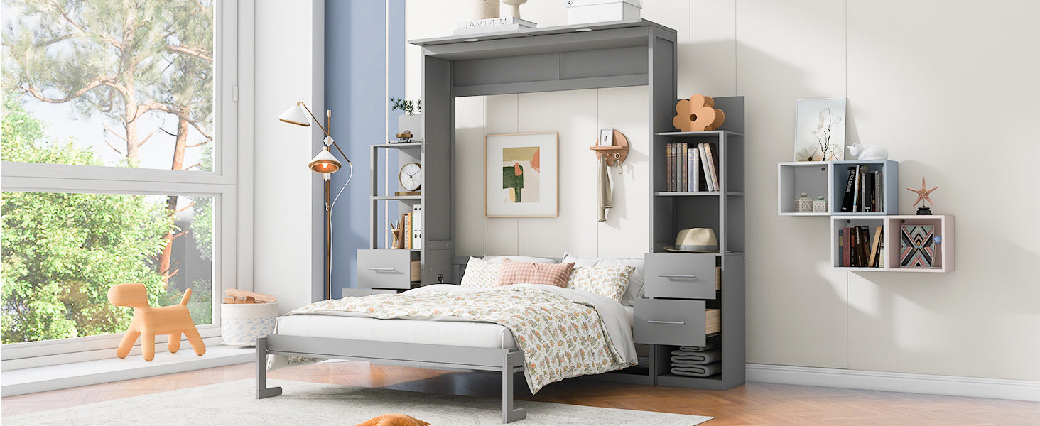 Queen Size Murphy Bed Wall Bed with Shelves, Drawers and Lights,Gray(OLD SKU:LP000566AAE-1)