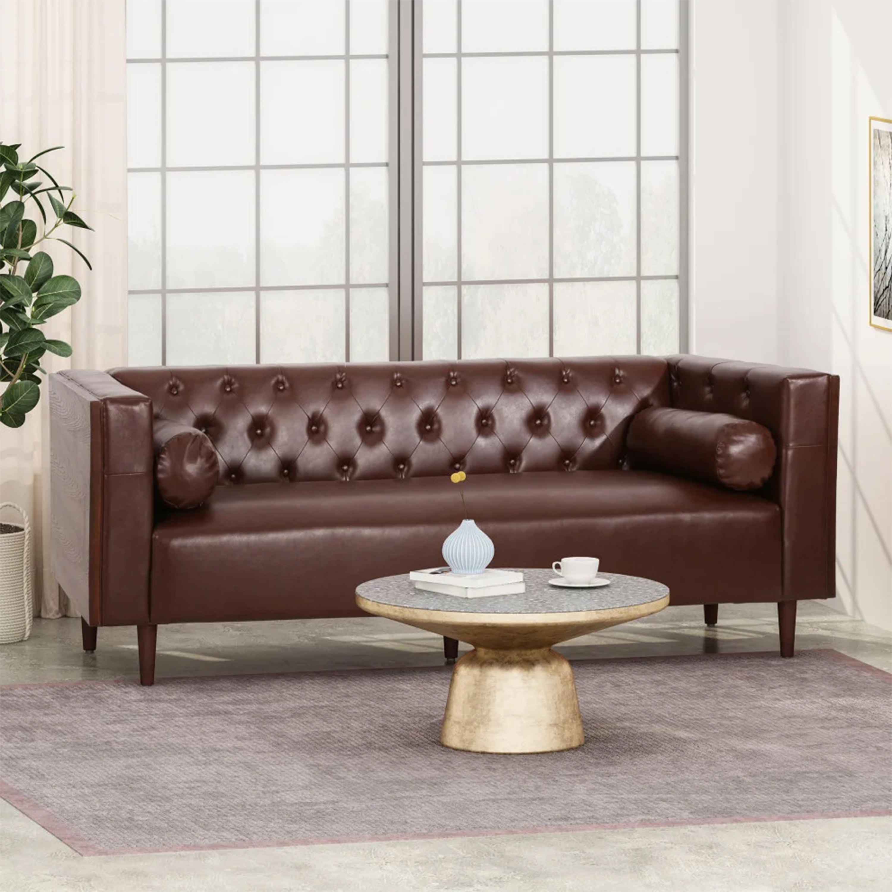 Contemporary 3-Seater Sofa with Tufted Diamond Stitch and Rolled Accent Pillows in Dark Brown PU