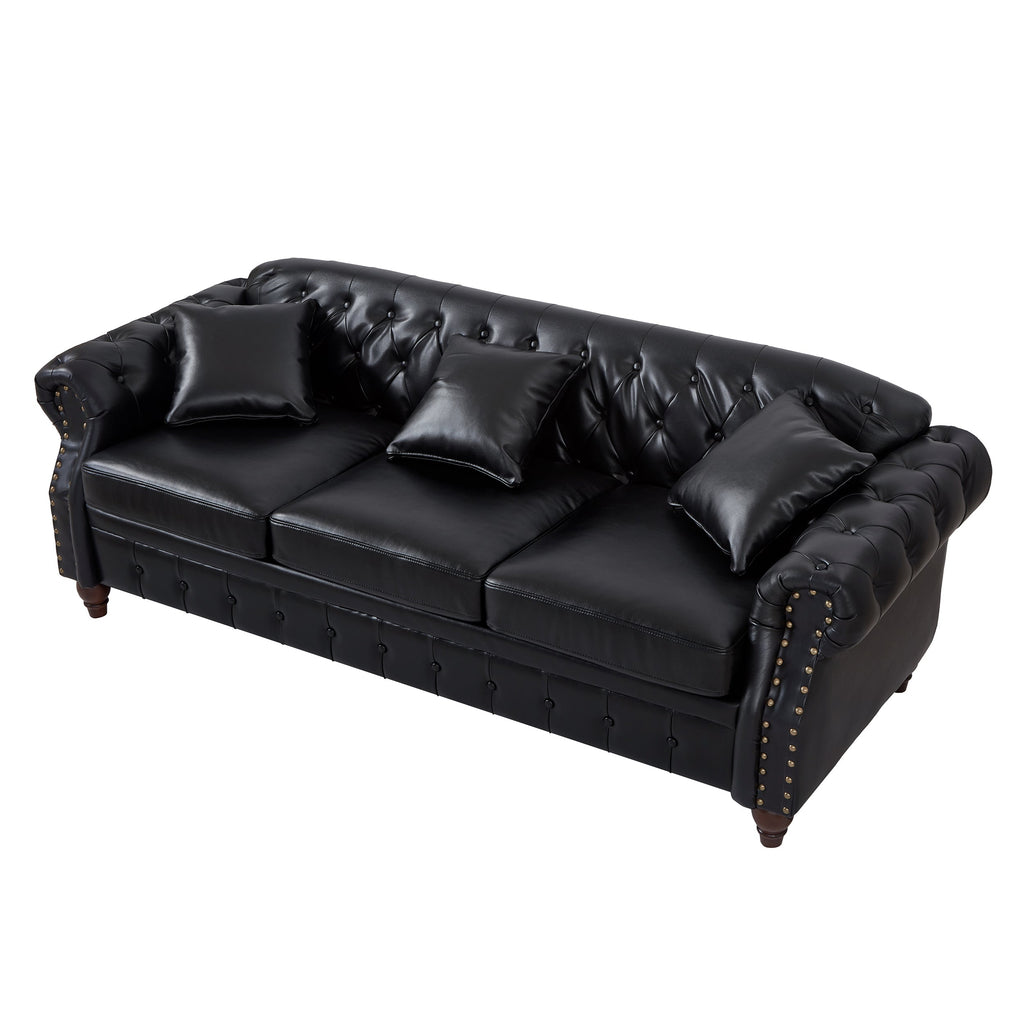 85.8' Living Room Chesterfield Sofa Classic Tufted Design Faux Leather PU Upholstered Sofa with Storage (Black)