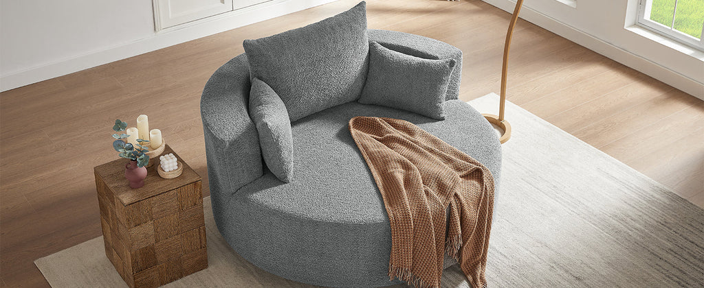 Modern Accent Swivel Barrel Chair with Removable Pillows, Grey Chenille, 56.3x56.3x35.5 in