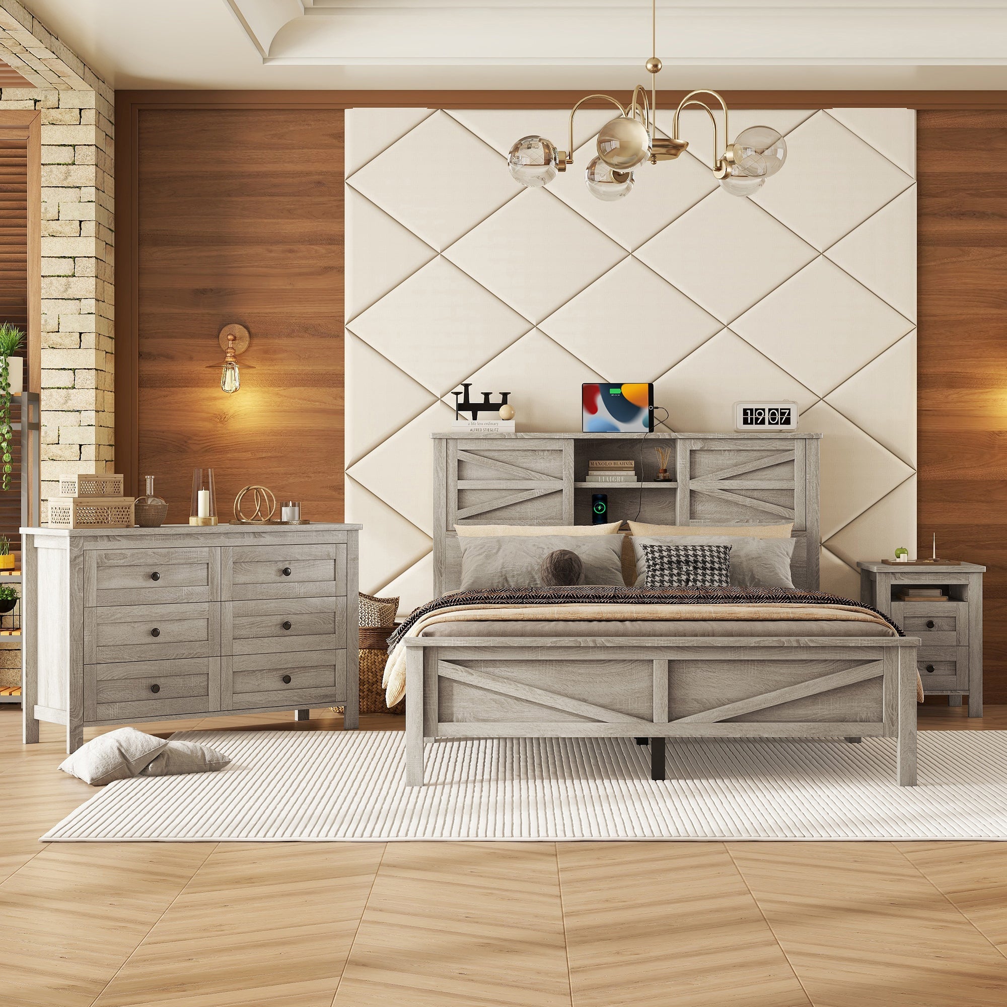 3-Pieces Bedroom Sets Queen Size Farmhouse Platform Bed with Double Sliding Door Storage Headboard and Charging Station, Storage Nightstand and Dresser, Antique Gray(Old SKU HL000092AAG)