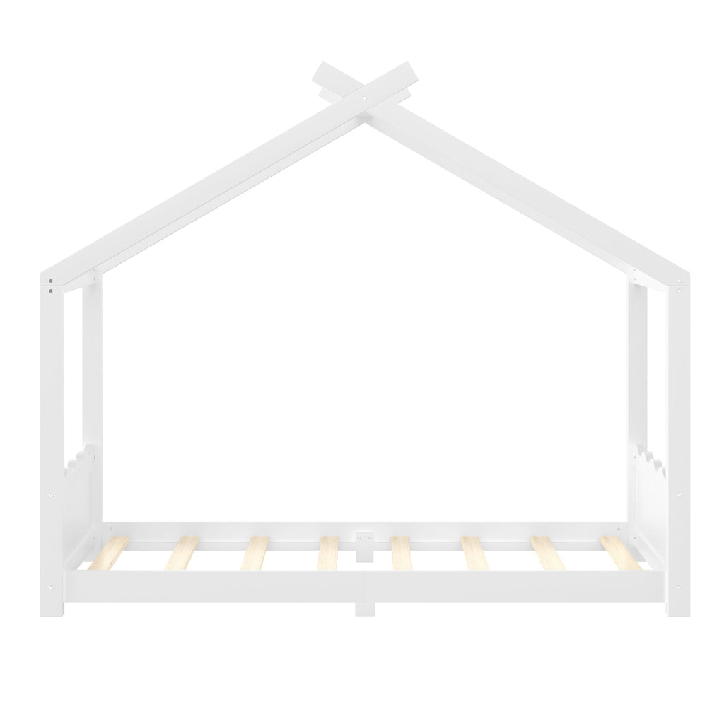 Twin House Floor Bed with Support Slats, Solid Wood House Bed Frame for Kids, No Box Spring Needed and Opening Constructure, White