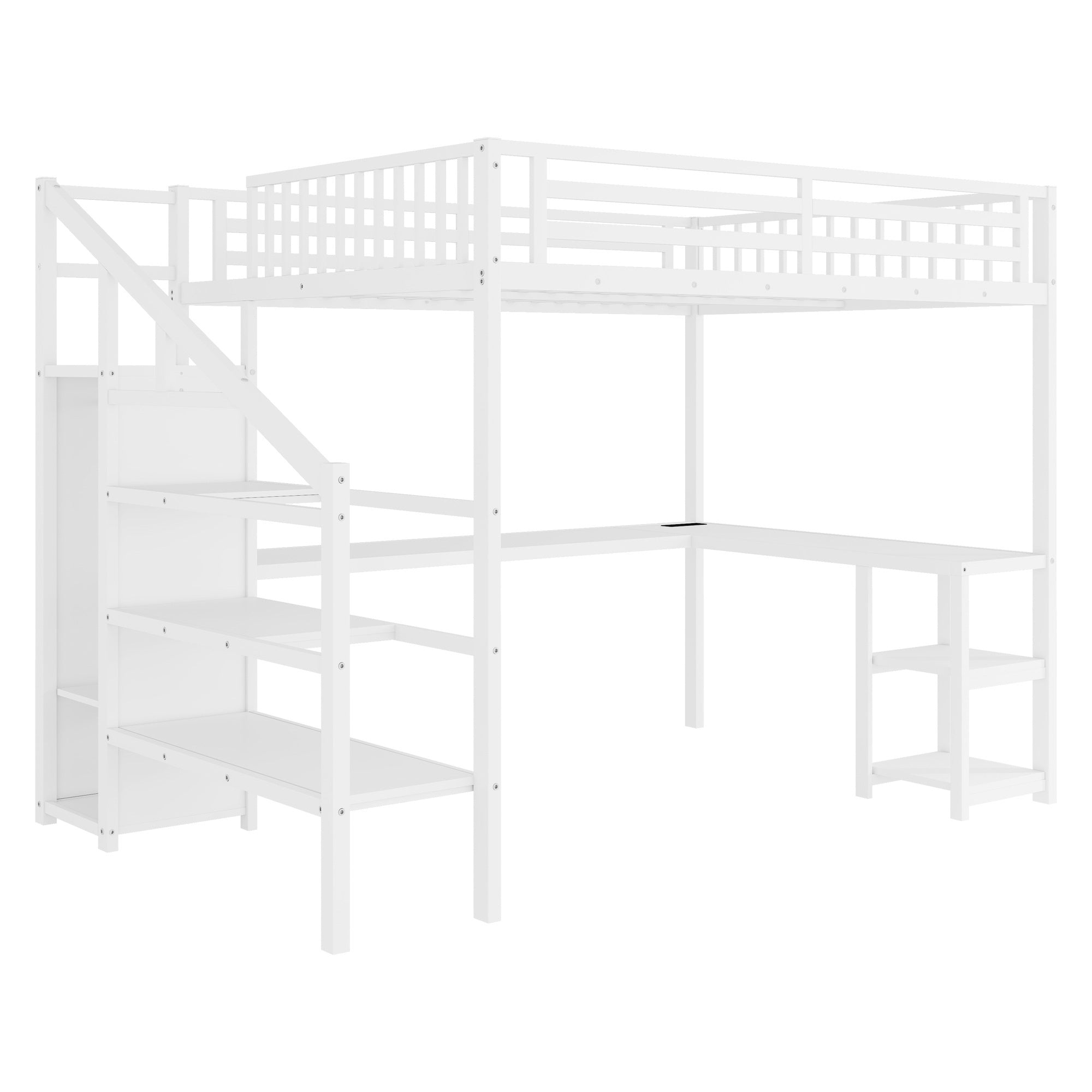 Metal Queen Loft Bed with Wardrobe and LED Light, Queen Size Loft Bed with L Shaped Desk and USB for Kids Teens Adults, White