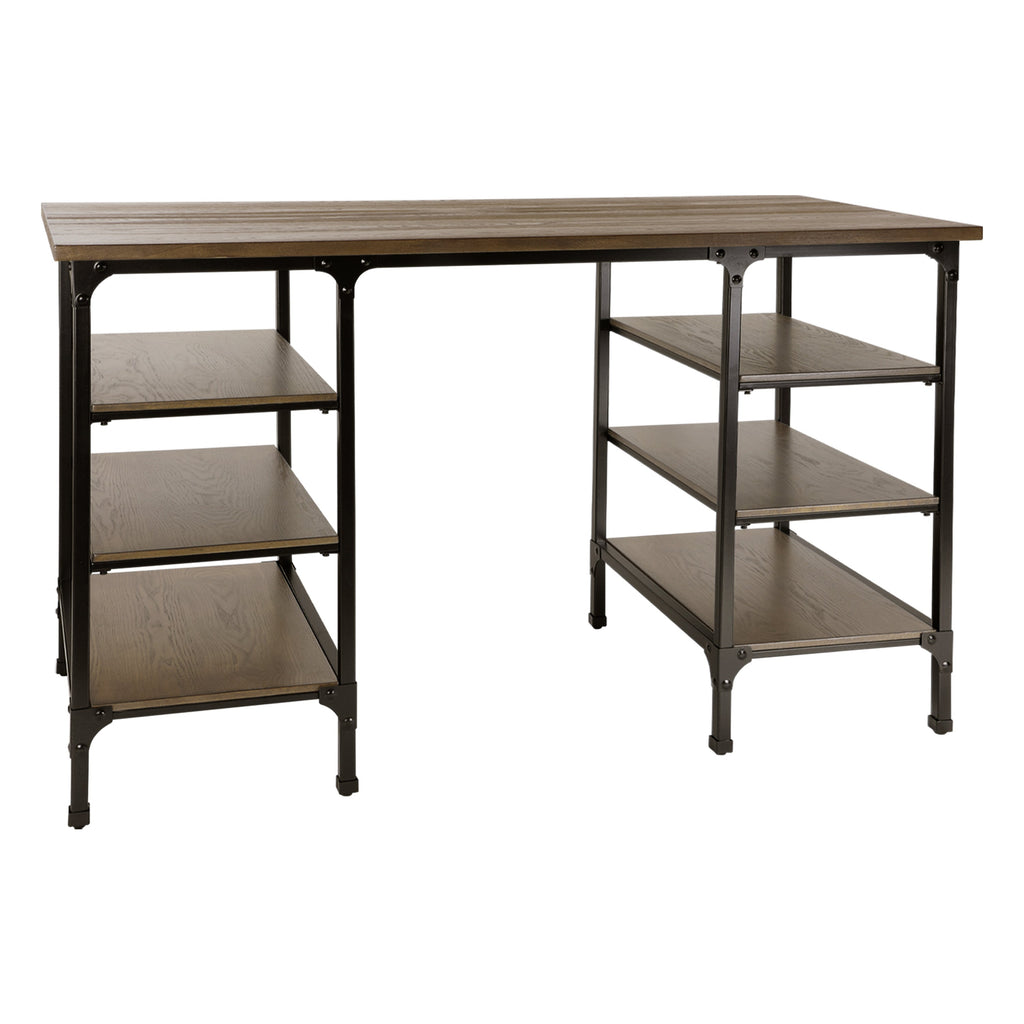 Modern Traditional Aesthetic 1pc Counter Height Writing Desk with 6x Shelves Natural Finish and Rustic Black Metal Finish