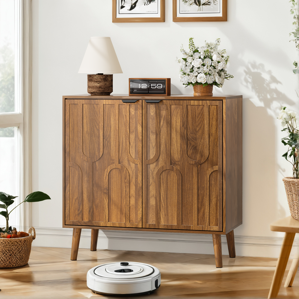 Farmhouse Style Sideboard Buffet Cabinet with Storage, Walnut Wood Coffee Bar Cabinet, 31.5' W