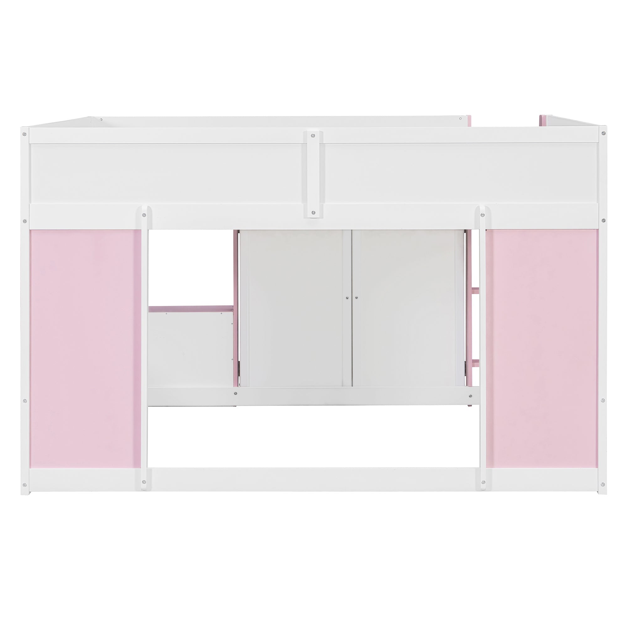 Full Loft House Bed with Playhouse & Storage, Modern Wood Cabin Bed for Kids/Teens, White+Pink