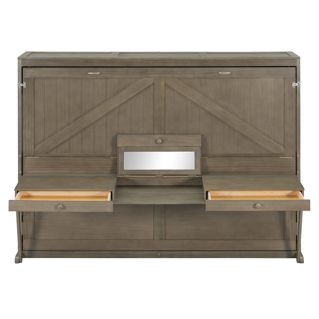 Queen Size Wall Murphy Bed with Storage, Foldable Cabinet Bed with Vanity Desk, Center Mirror & 2 Side Drawers, Distressed Gray
