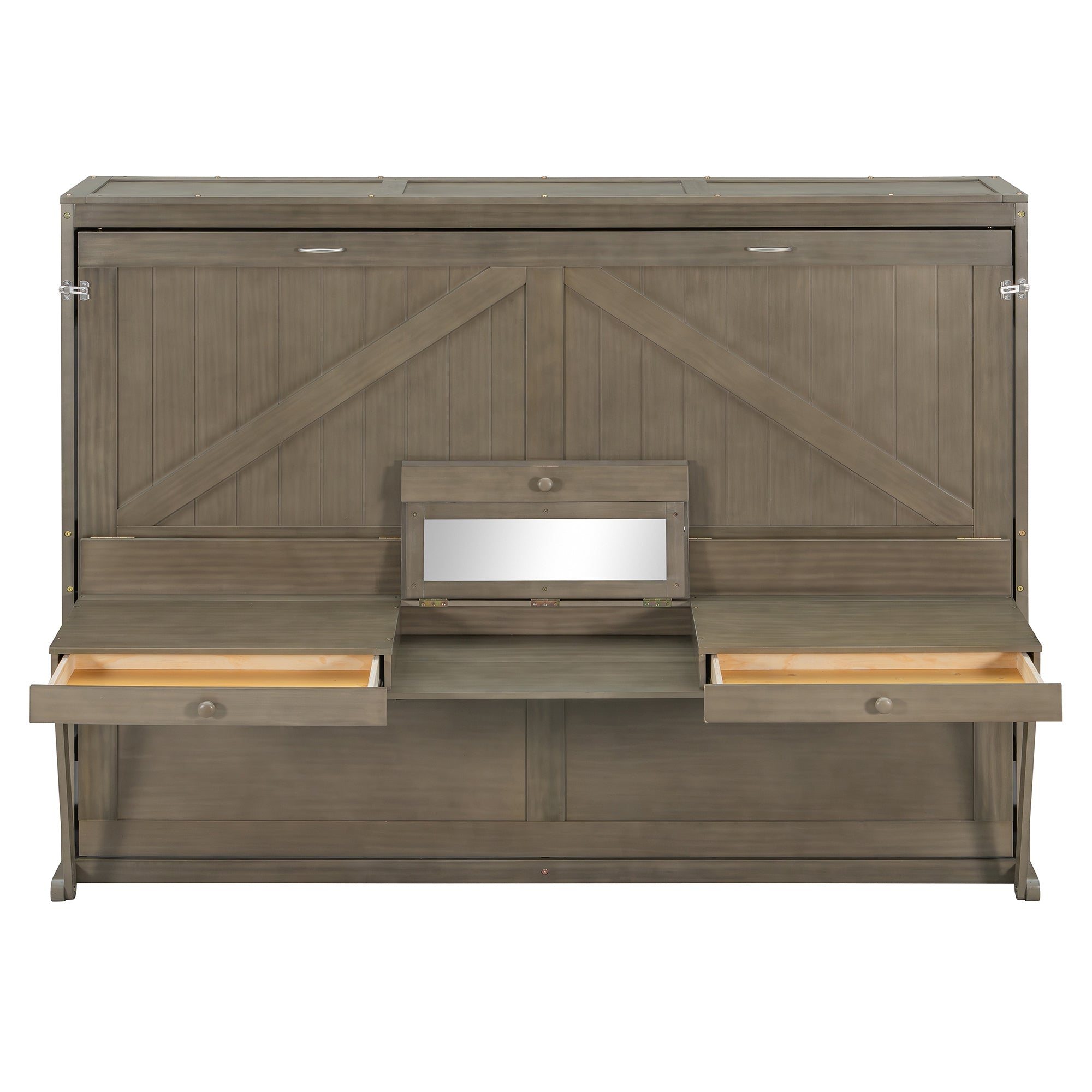 Queen Size Wall Murphy Bed with Storage, Foldable Cabinet Bed with Vanity Desk, Center Mirror & 2 Side Drawers, Distressed Gray