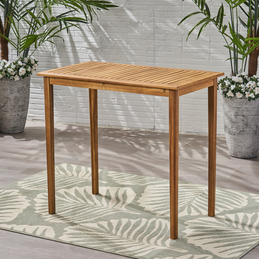 Outdoor Minimalist Acacia Wood Rectangle Bar Table - Teak Finish, Durable Hardwood, 44 x 25 x 40 inches