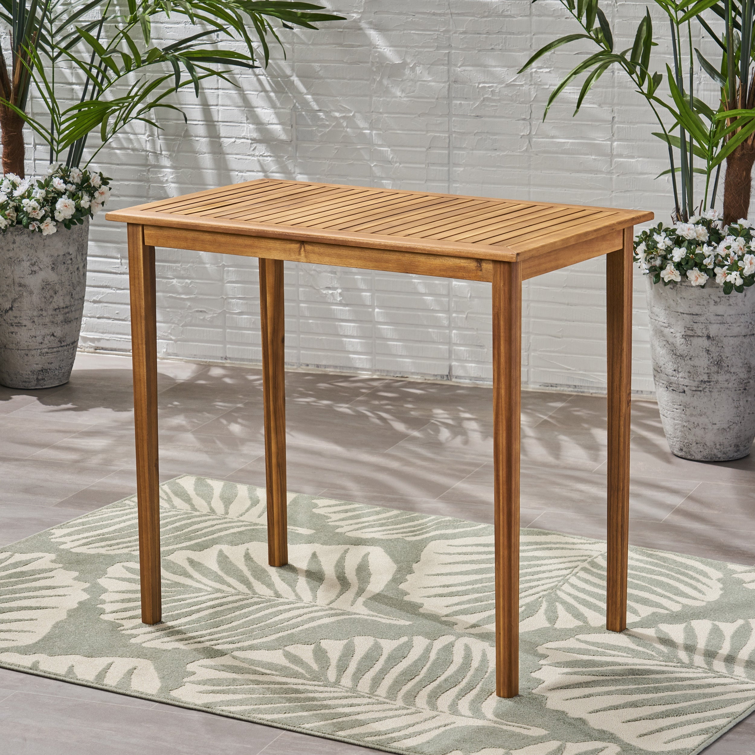 Outdoor Minimalist Acacia Wood Rectangle Bar Table - Teak Finish, Durable Hardwood, 44 x 25 x 40 inches