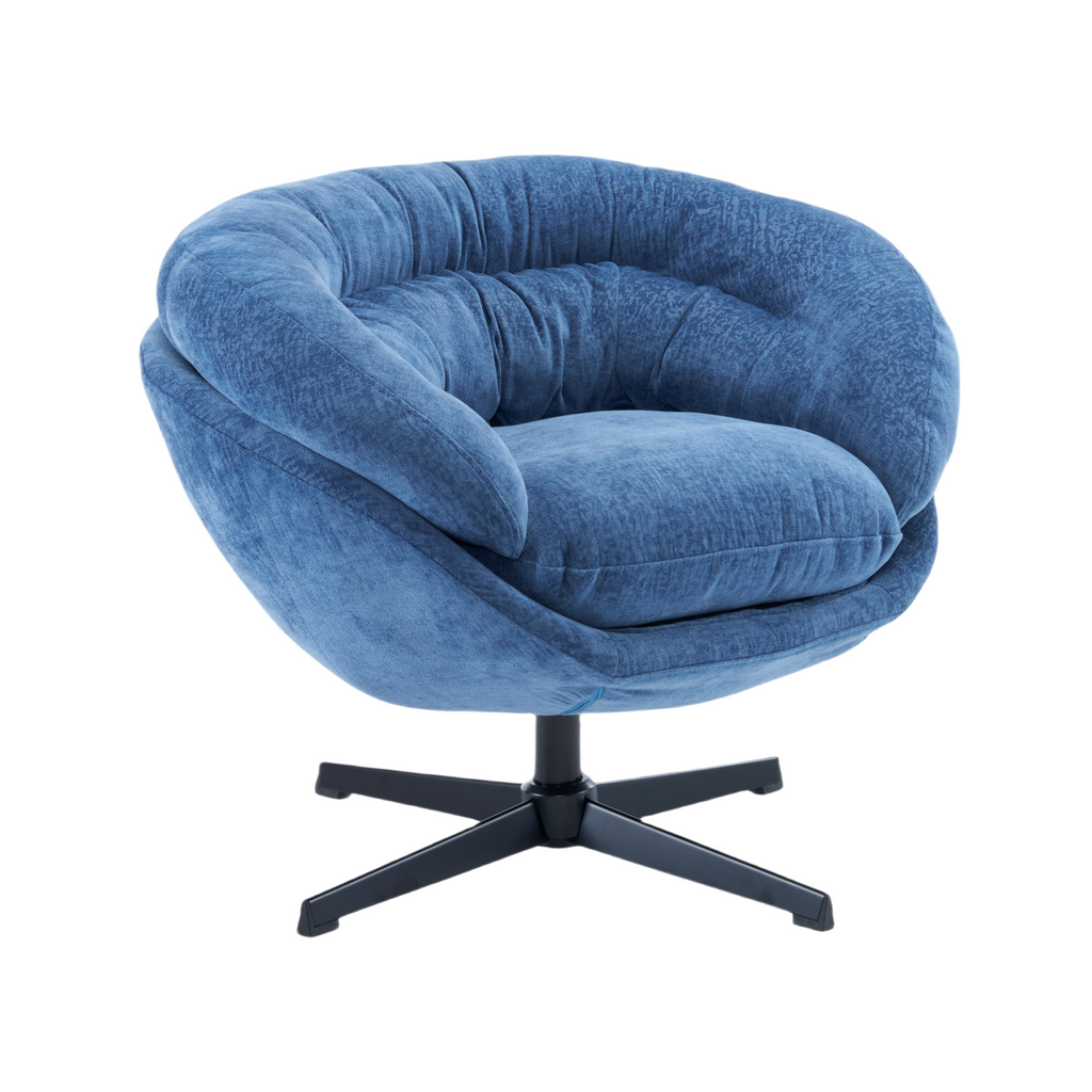 Modern Chenille Office Chair, 360° Swivel Accent Chair with Removable Cushion, Round Office Chair, Black Metal Base, Cotton Material, Living Room, Bedroom, Reading Corner, Office (Navy Blue)