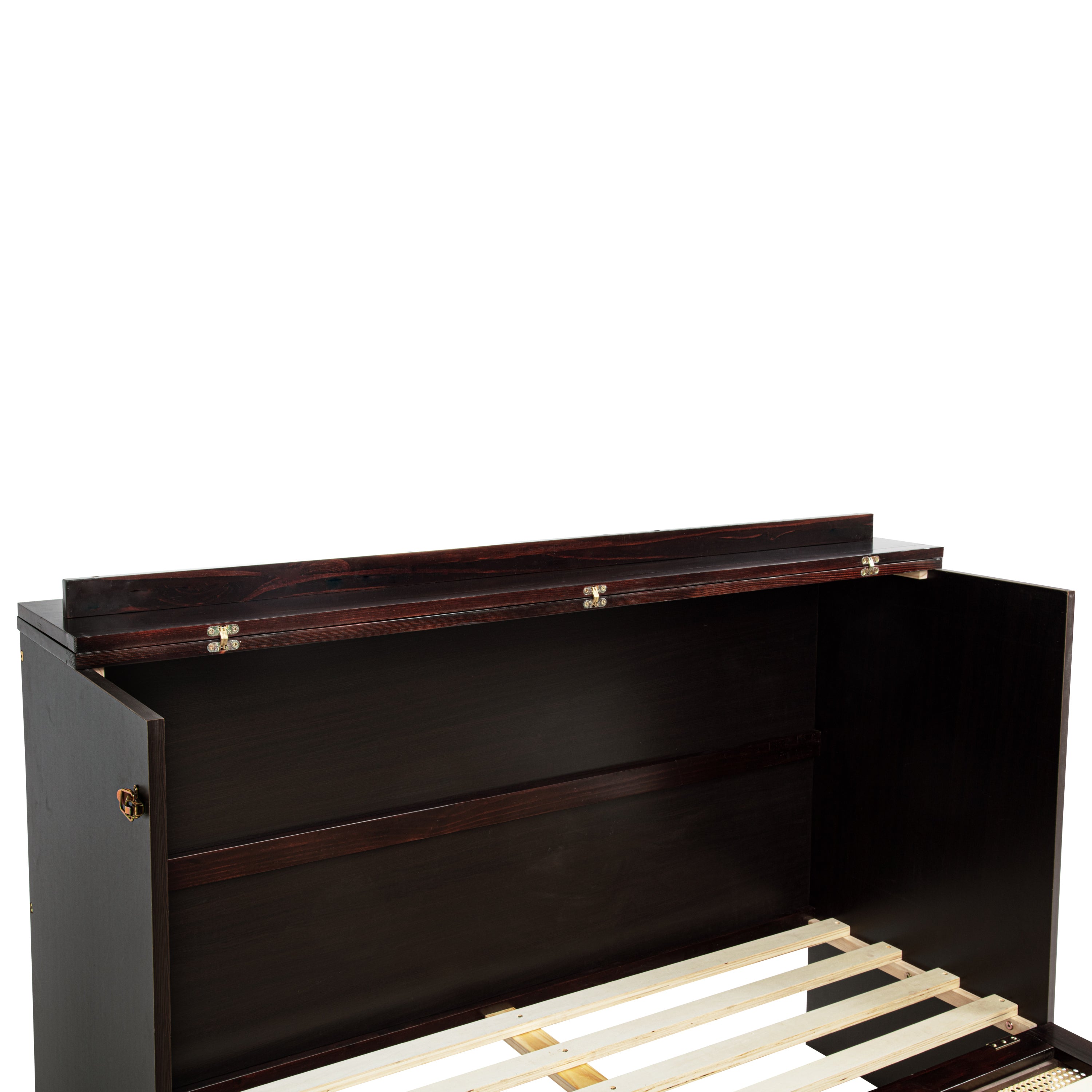 Queen Size Murphy Bed, Pine Wood Cabinet Bed with Power Station and Rattan Decoration Panel,Espresso