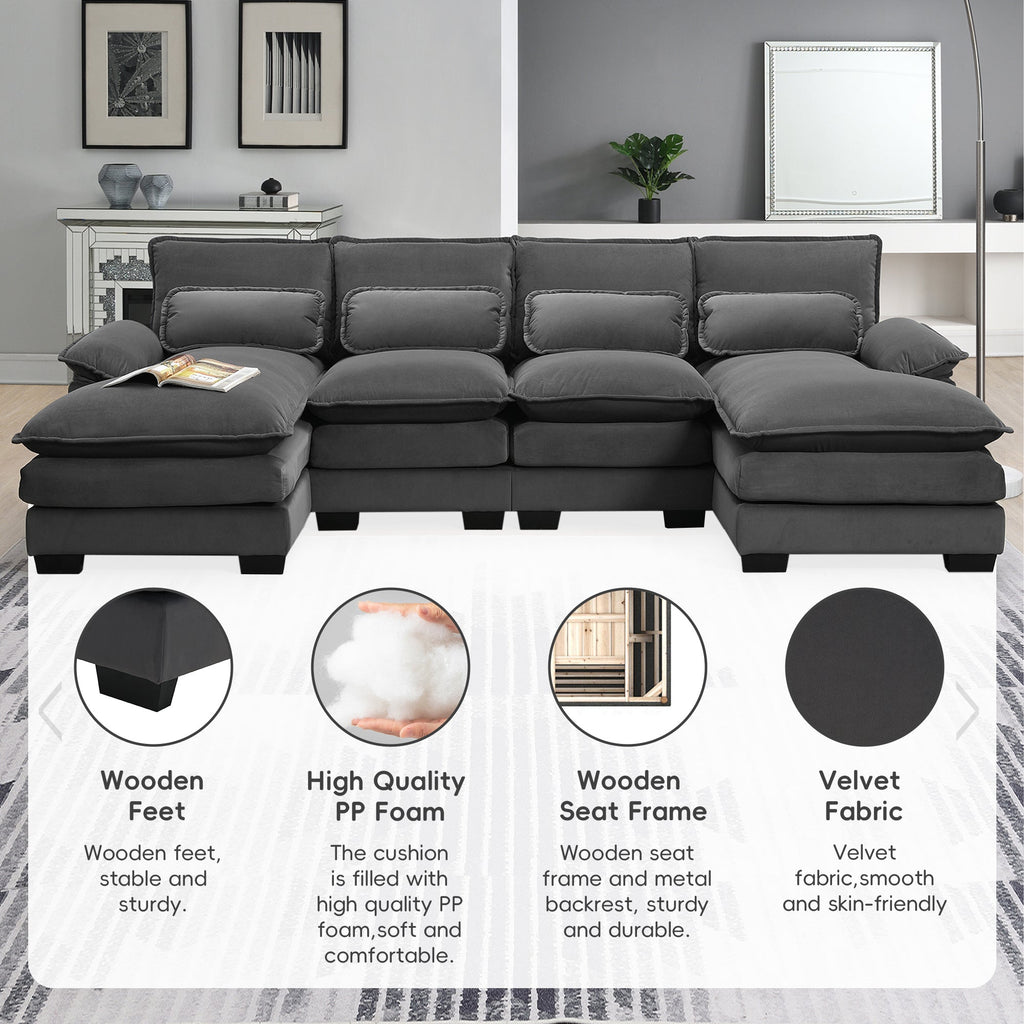 109.8*55.9' Modern U-shaped Sectional Sofa with Waist Pillows,6-seat Upholstered Symmetrical Sofa Furniture,Sleeper Sofa Couch with Chaise Lounge for Living Room,Apartment,5 Color