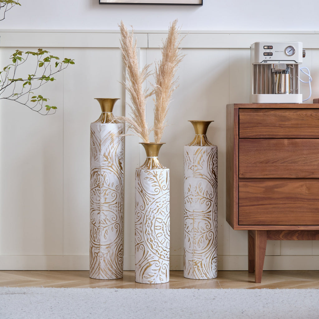 Floor Metal Vases Decorated White Metal Vases Set of 3 Gorgeous Home Decoration Large Glazed Metal Vases 24in/28.7in/33.5in Height