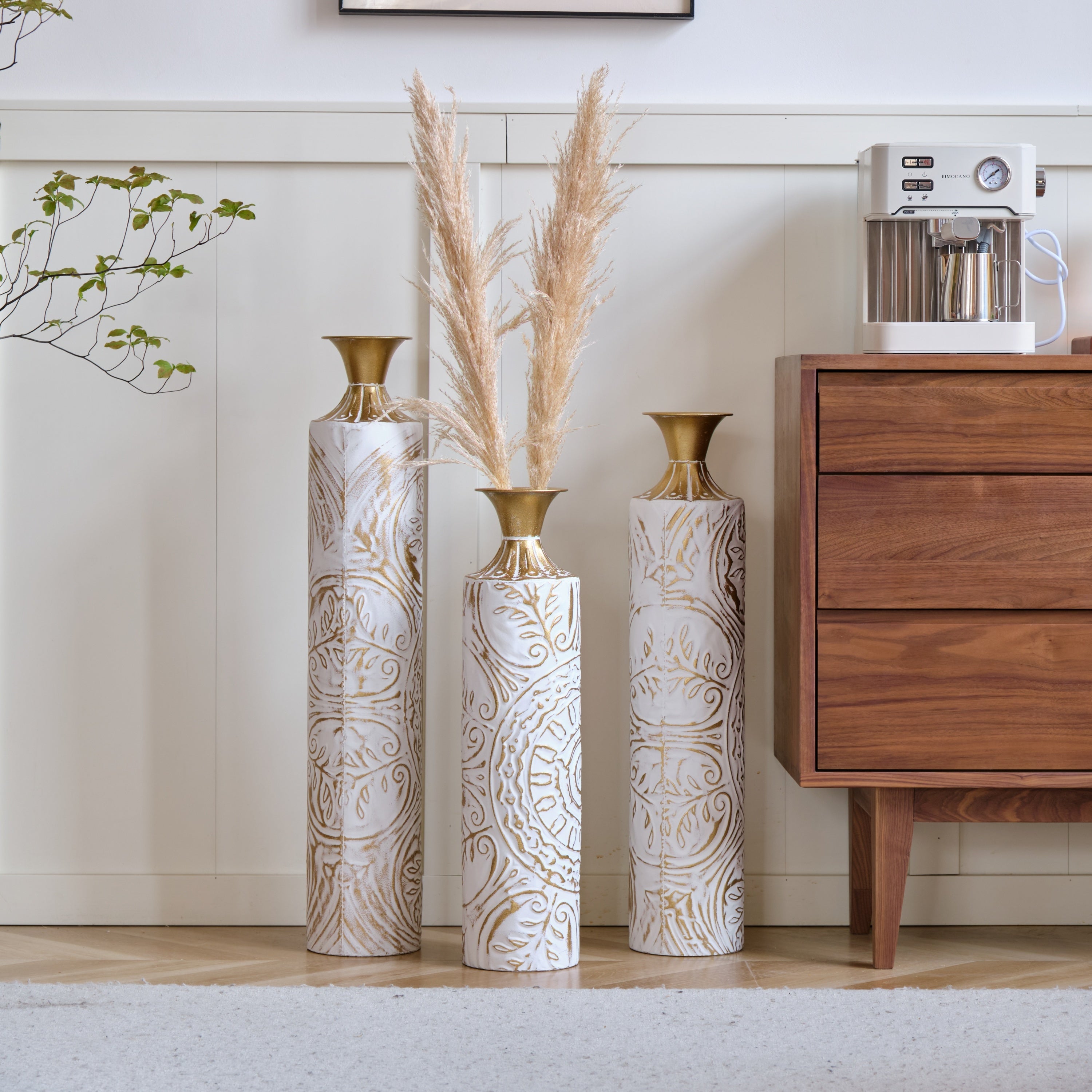 Floor Metal Vases Decorated White Metal Vases Set of 3 Gorgeous Home Decoration Large Glazed Metal Vases 24in/28.7in/33.5in Height