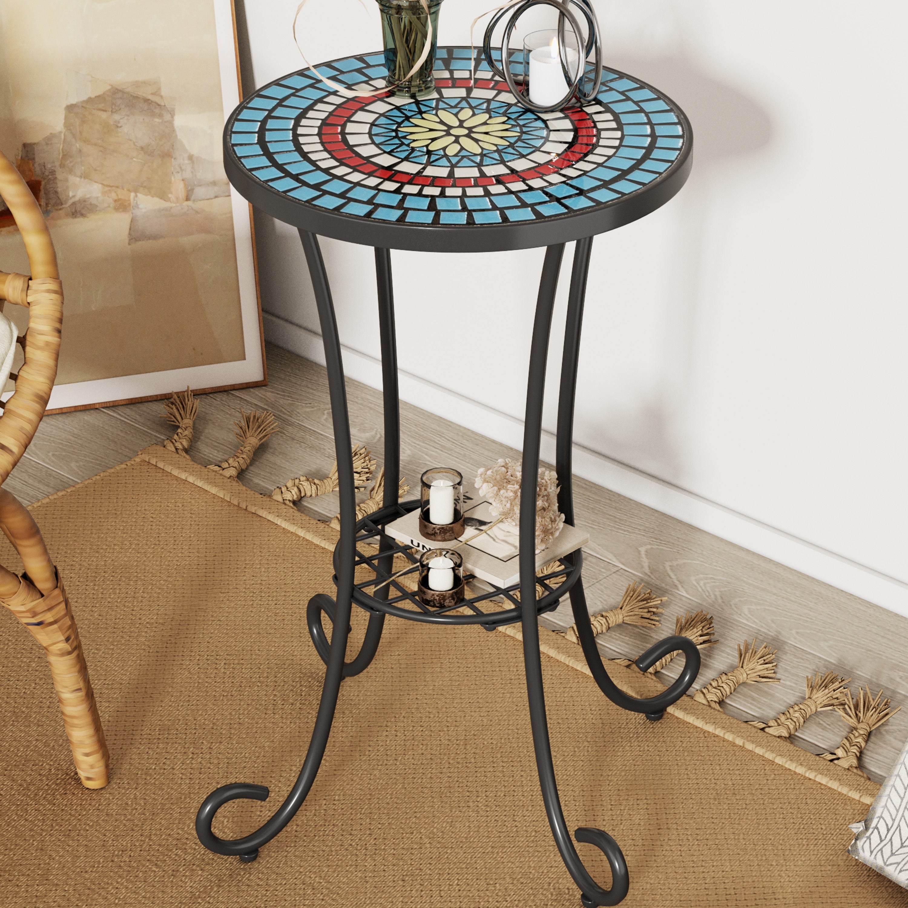 Vibrant Patio Side Table with Shelf, Floral Design, Blue and Black Ceramic Tile, 14-Inch