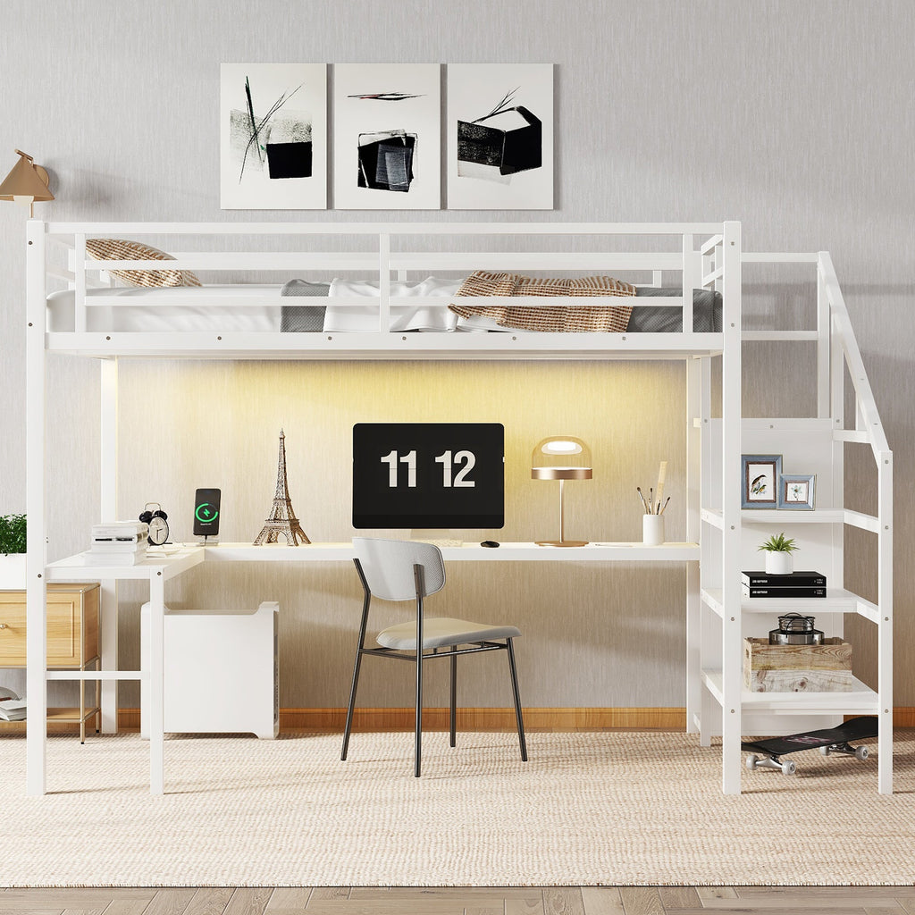 Twin XL Size Loft Bed with L-shaped Desk and USB, Metal Loft Bed with Wardrobe and Adjustable Shelf, High Loft Bed with LED for Kids Teens Adults, White