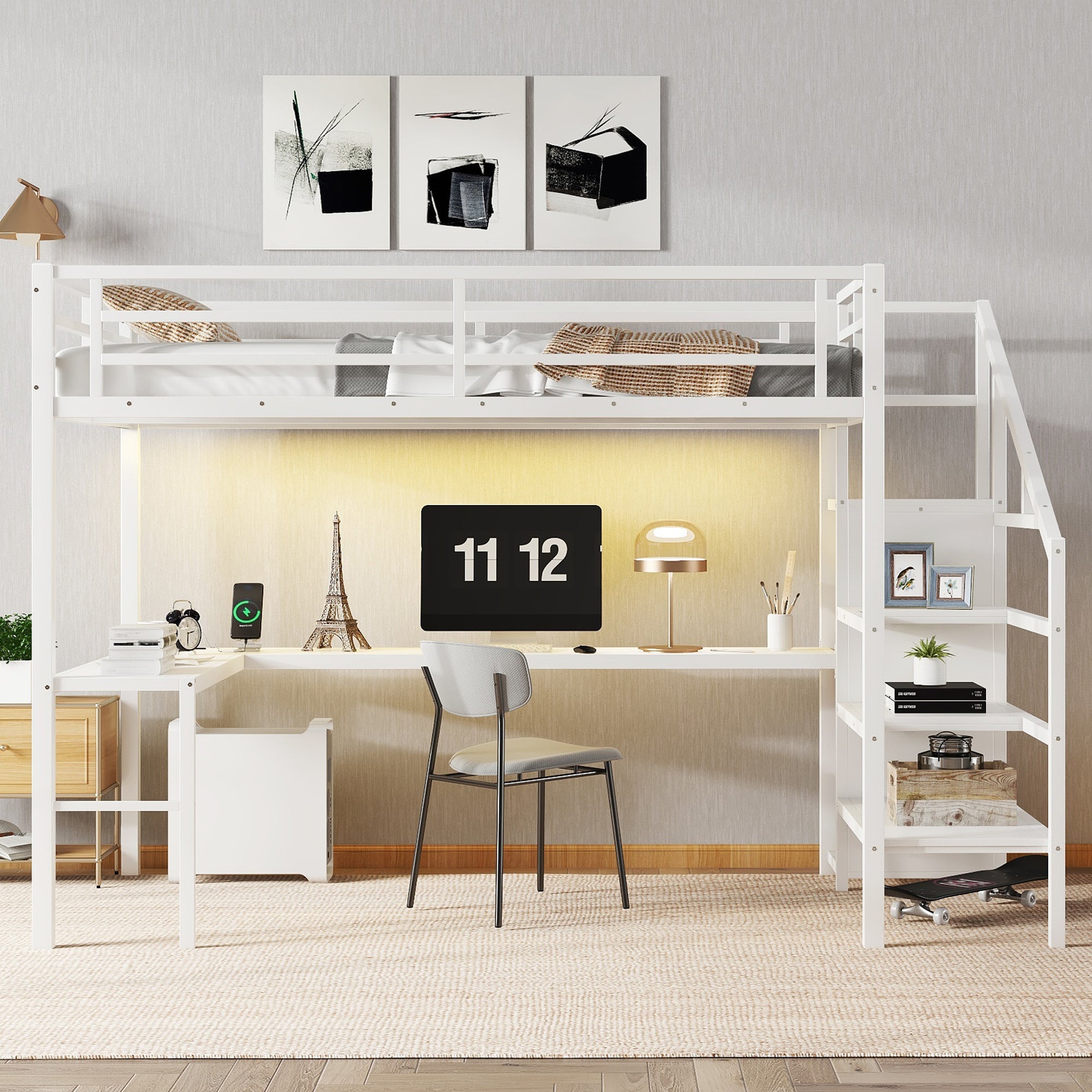 Twin XL Size Loft Bed with L-shaped Desk and USB, Metal Loft Bed with Wardrobe and Adjustable Shelf, High Loft Bed with LED for Kids Teens Adults, White