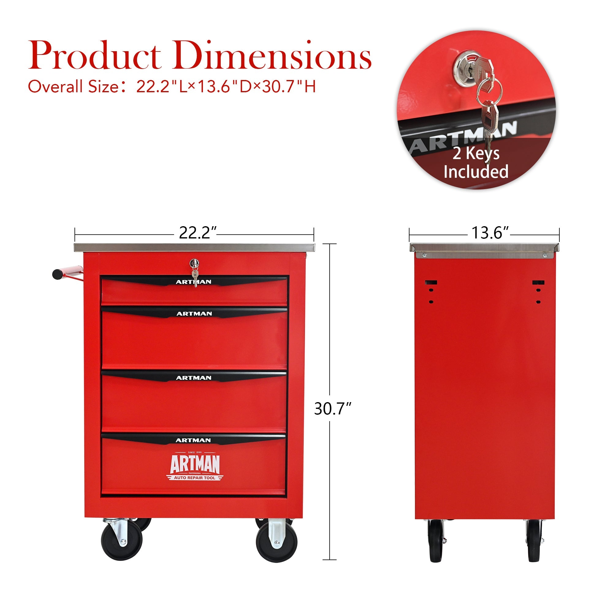 4 Drawers Multifunctional Tool Cart with Wheels,Metal Rolling Tool Cart Storage for Garage Workshop Warehouse Repair Shop--With  Stainless Steel Roof- Red&Black