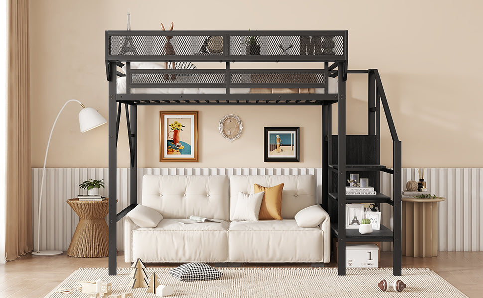 Twin Size Loft Bed with Stairs, Metal Full Loft Bed with Storage Shelves, High Loft Bed with Wardrobe for Kids Teens, Black(Expect Arrival Date 2025/9/22)