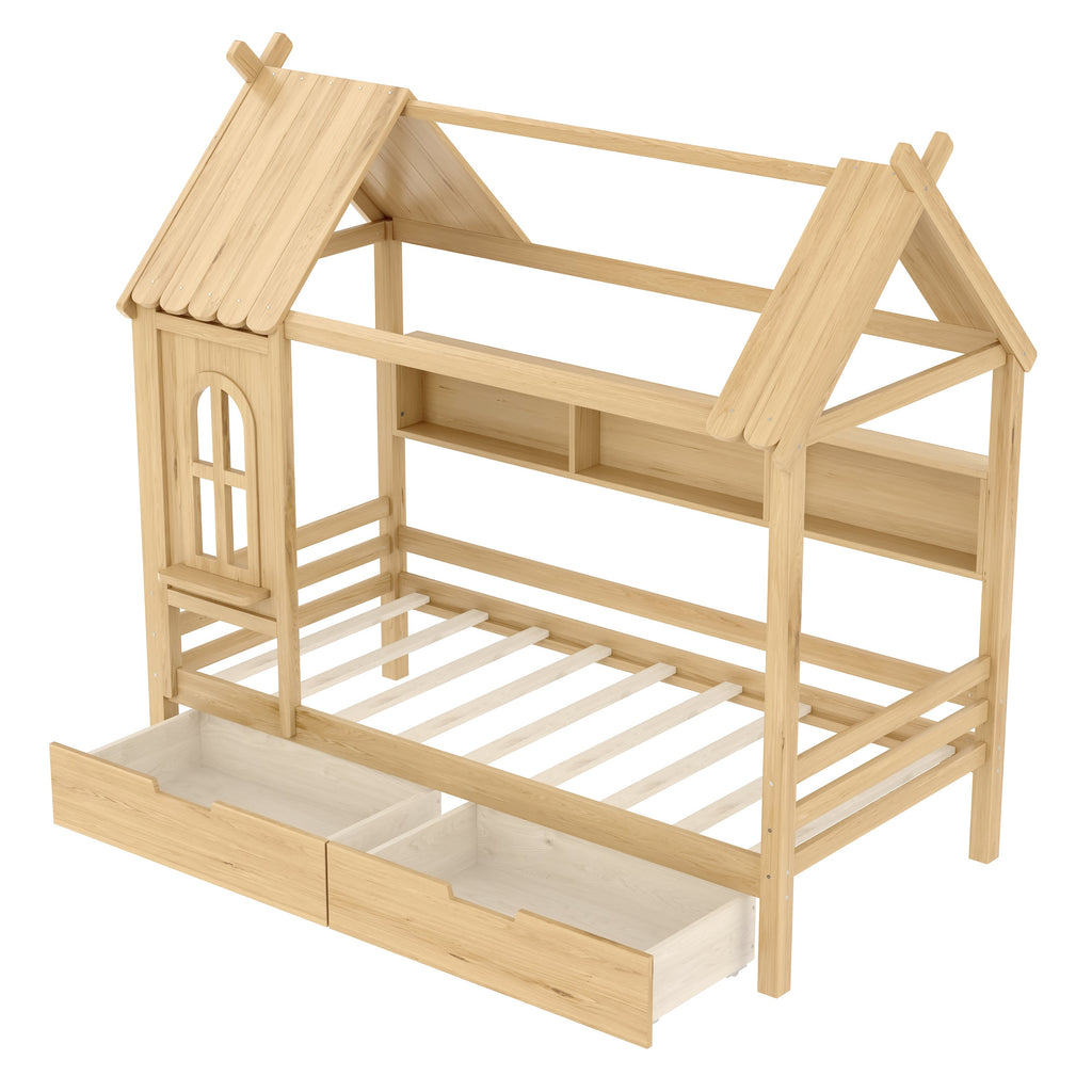 Twin house Beds with Storage Drawers and Window, Solid Wood House Platform Bed Frame with shelves, for Kids, Girls, Boys, No Spring Box Needed and Childlike Design, Natural