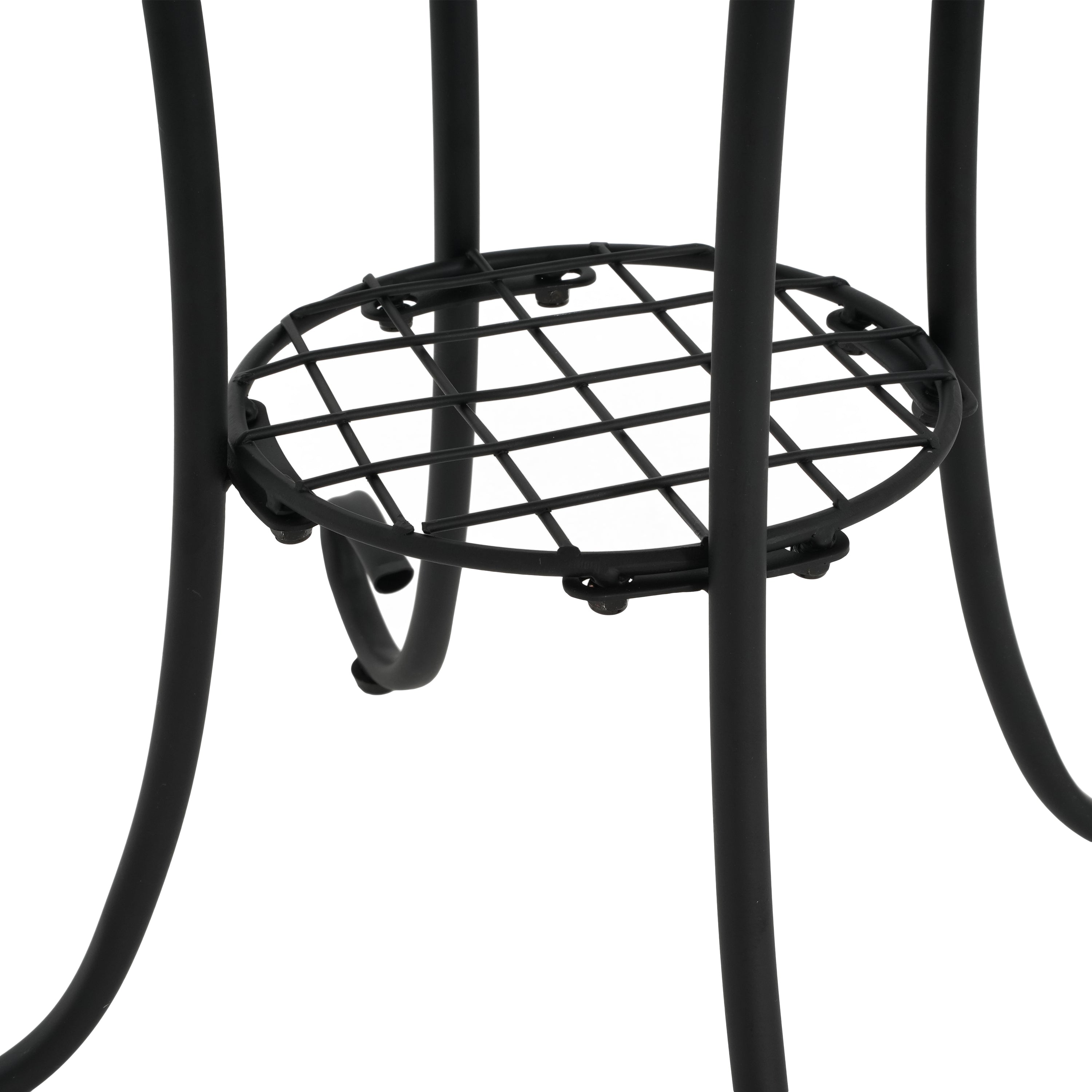 Vibrant Patio Side Table with Shelf, Floral Design, Blue and Black Ceramic Tile, 14-Inch