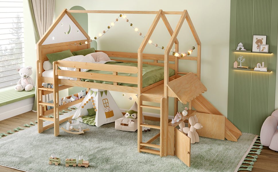 Full Size Loft Bed with Bookshelf Playful Design for Kids House-Shaped Structure with Slide High-Quality Safety Rails,Natural
