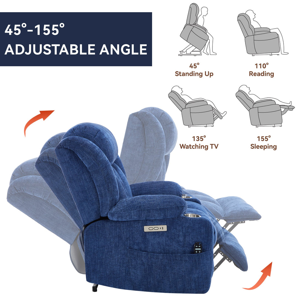 Up to 350 LBS Chenille Power Lift Recliner Chair, Heavy Duty Motion Mechanism with 8-Point Vibration Massage and Lumbar Heating, USB and Type-C Ports, Stainless Steel Cup Holders, Blue