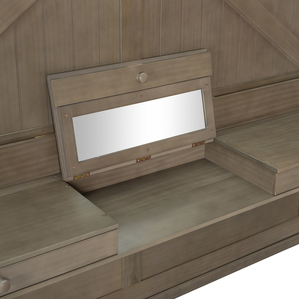Queen Size Wall Murphy Bed with Storage, Foldable Cabinet Bed with Vanity Desk, Center Mirror & 2 Side Drawers, Distressed Gray